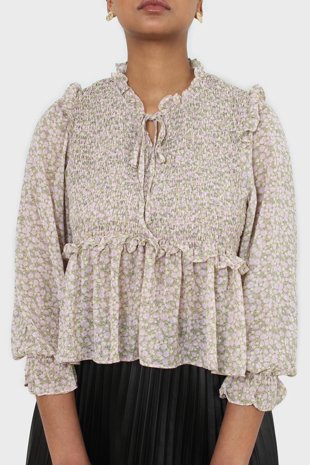 Green and lilac floral print smocked blouse