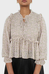 Green and lilac floral print smocked blouse