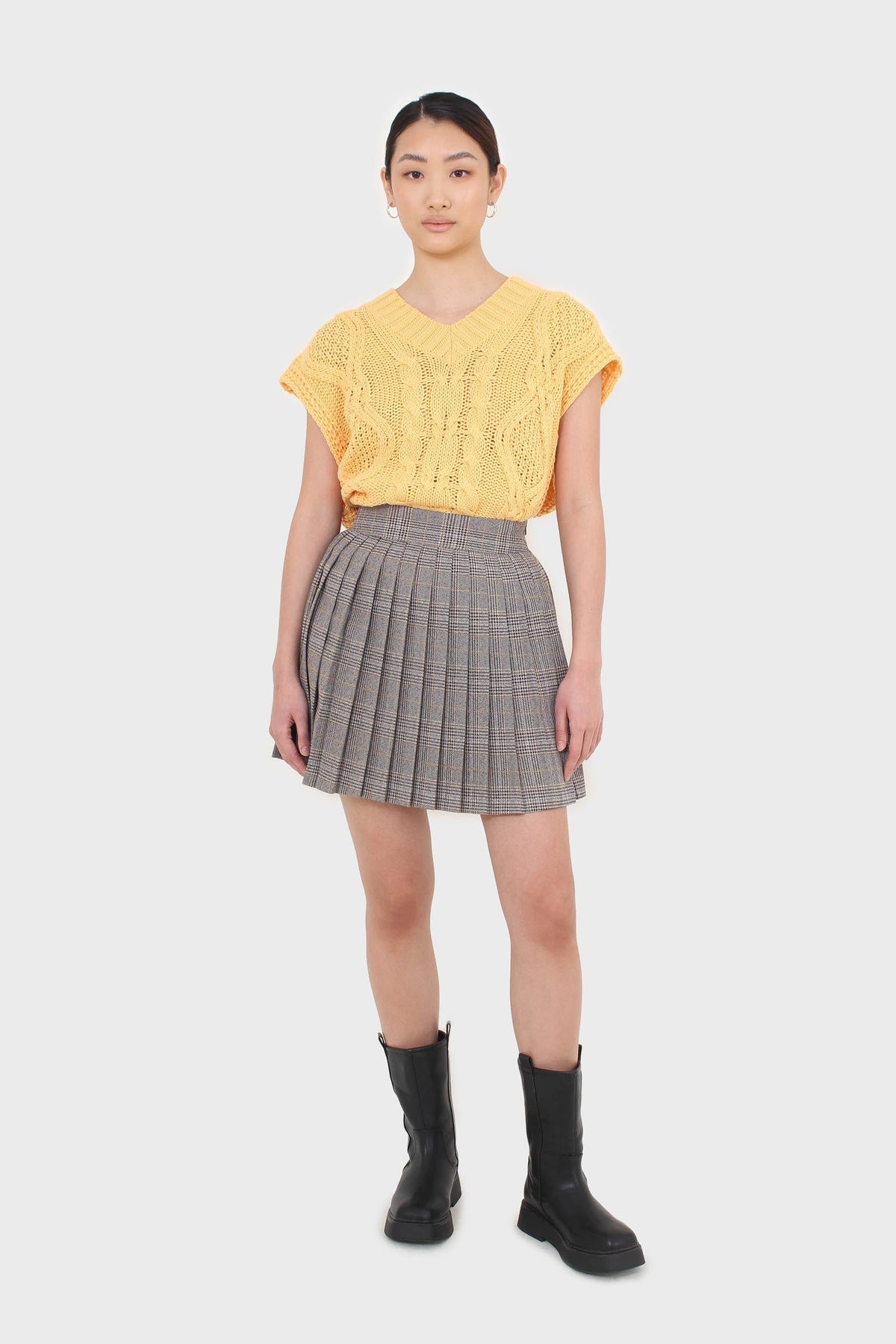 Grey and yellow checked pleated mini skirt