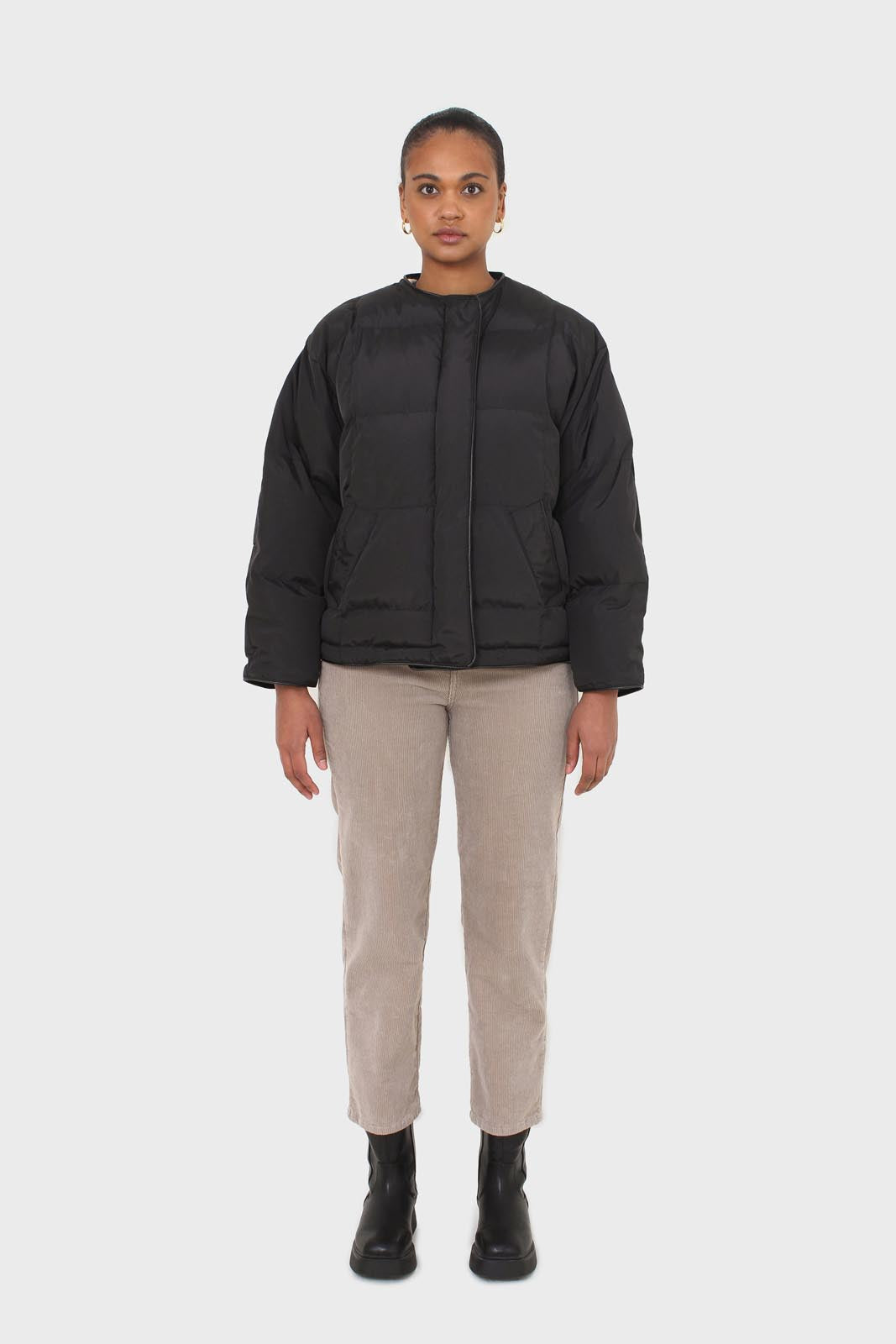 Black vegan leather trim puffer jacket