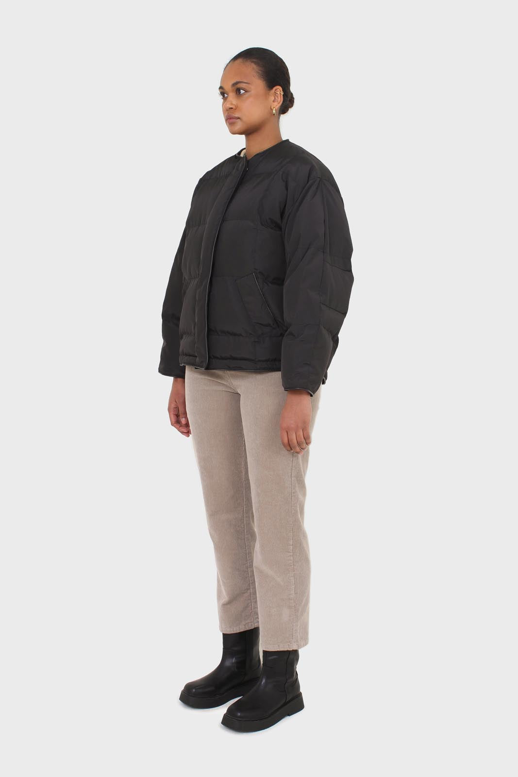 Black vegan leather trim puffer jacket