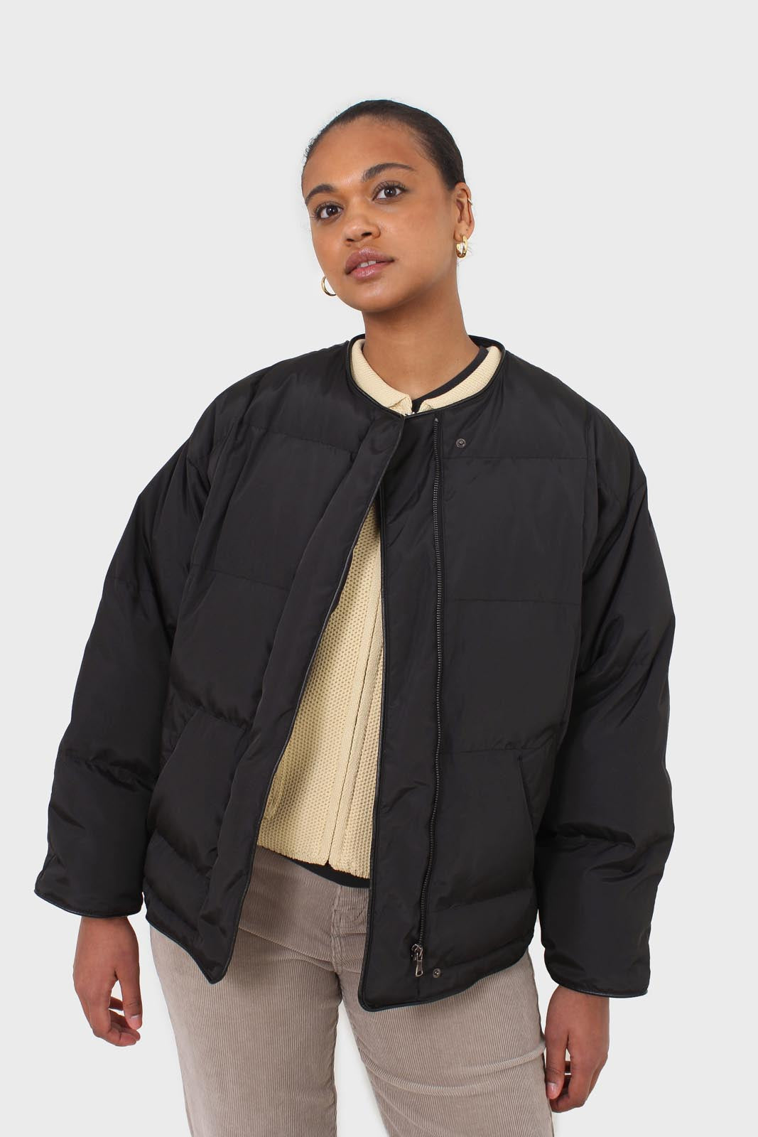 Black vegan leather trim puffer jacket