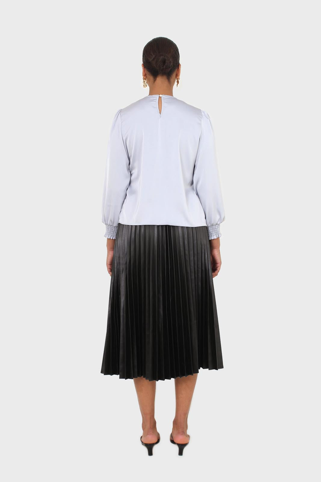 Light blue shirring panel silky blouse
