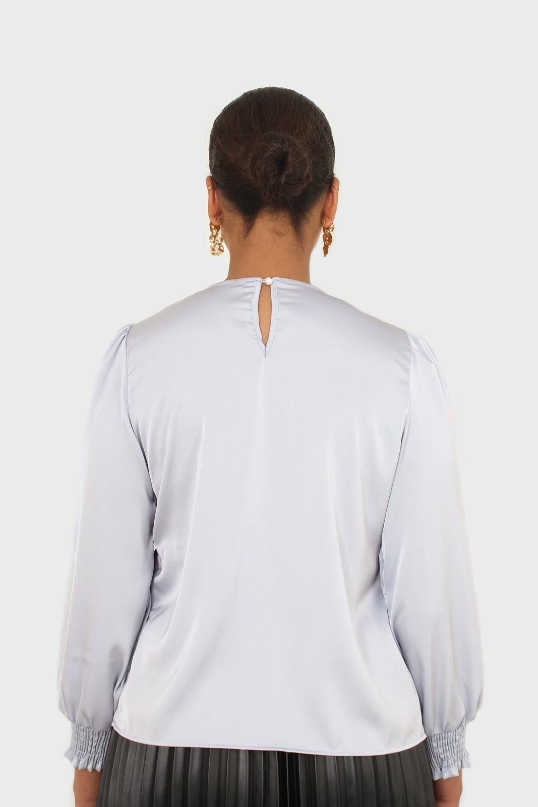 Light blue shirring panel silky blouse