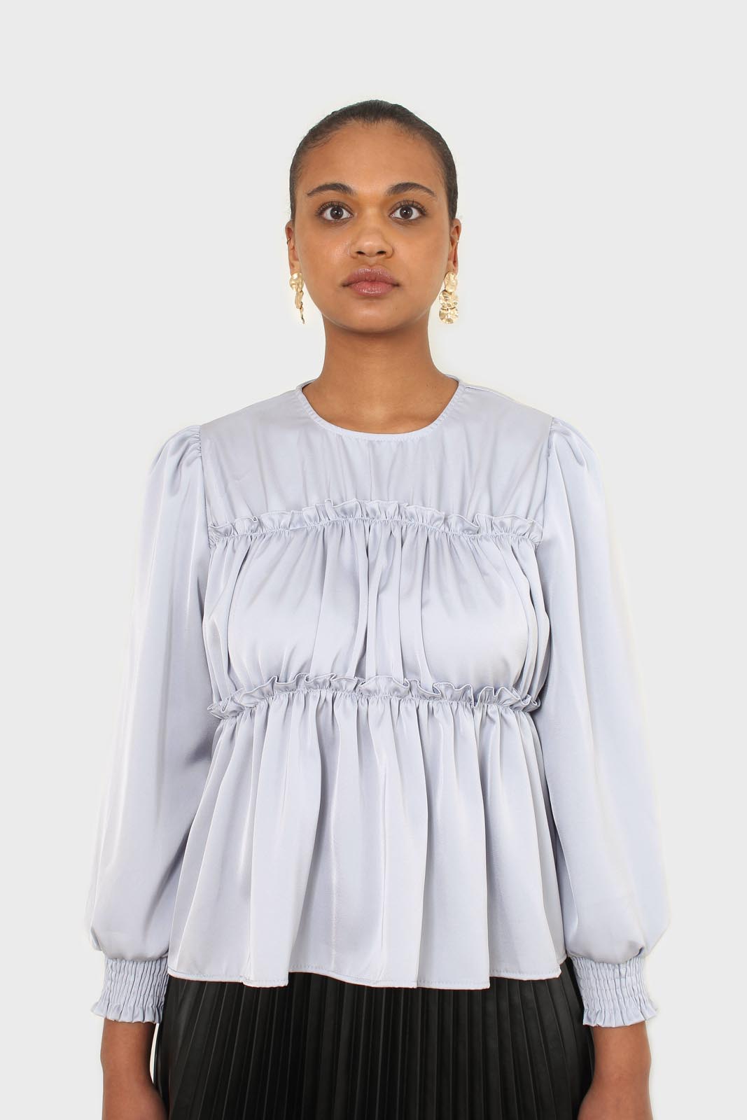 Light blue shirring panel silky blouse