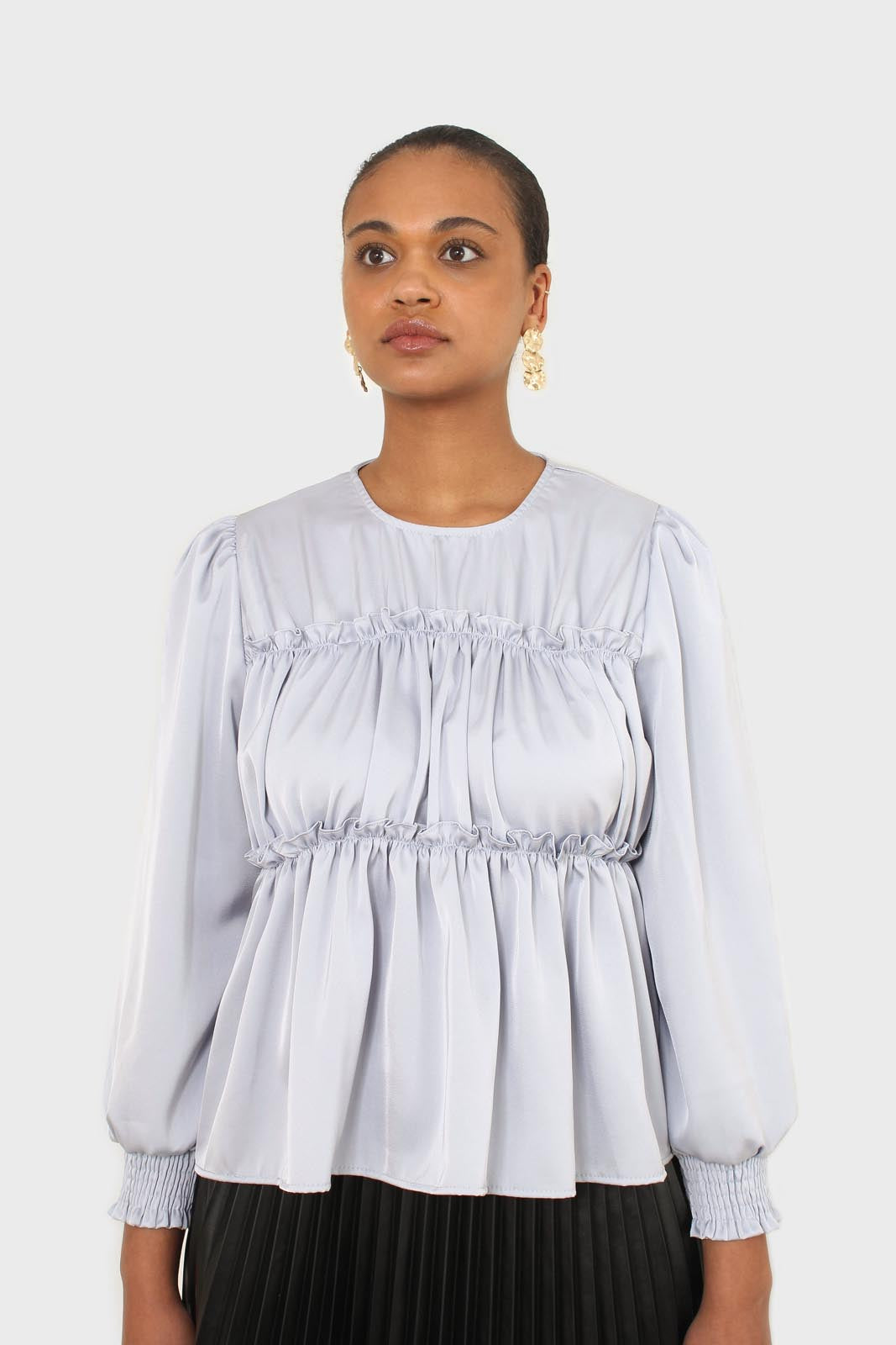 Light blue shirring panel silky blouse