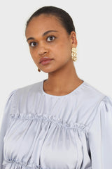 Light blue shirring panel silky blouse