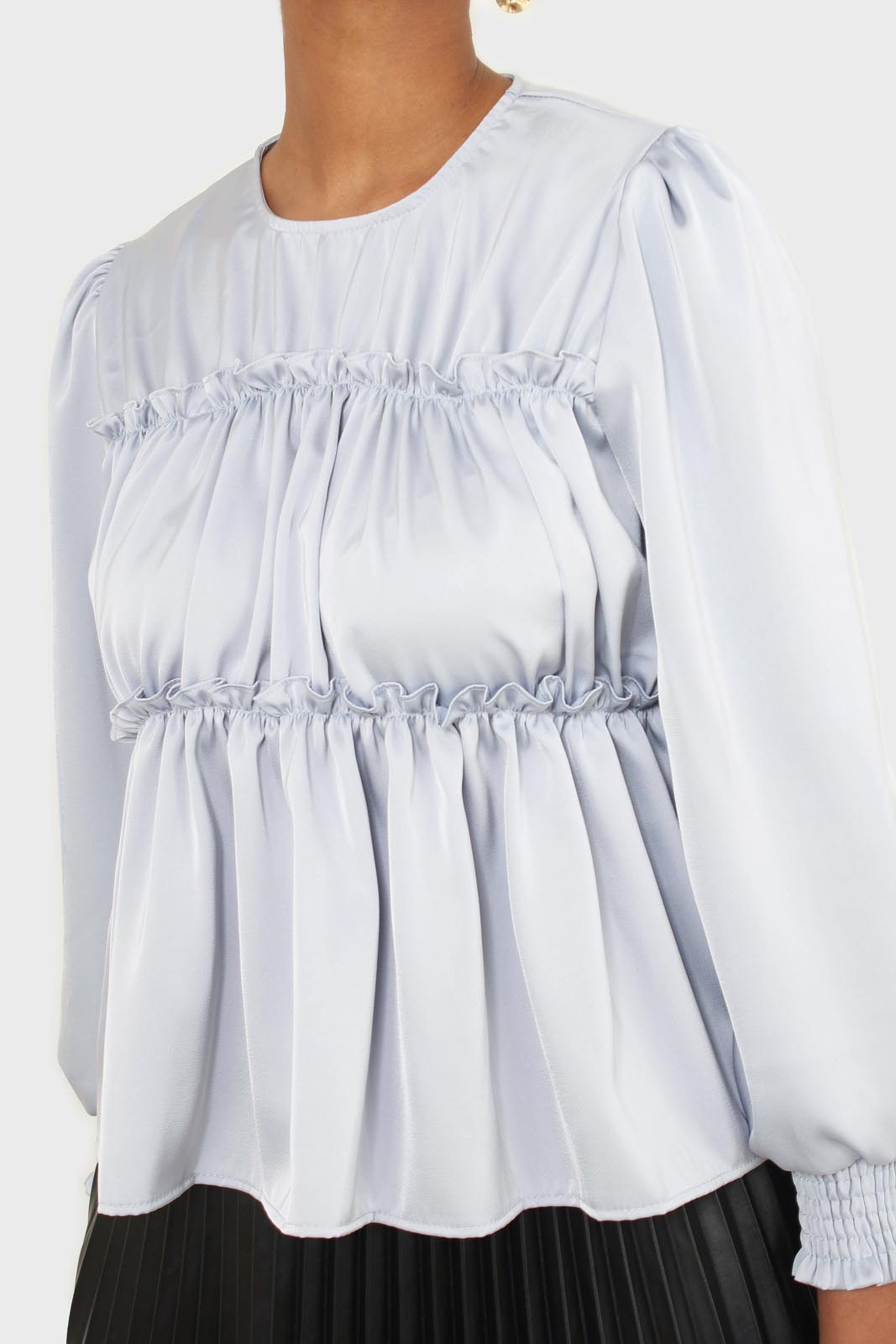 Light blue shirring panel silky blouse