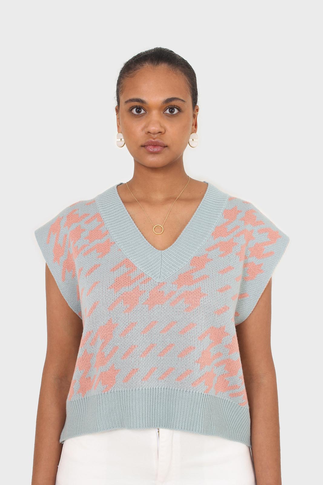 Blue and pink giant houndstooth sweater vest