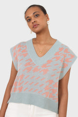 Blue and pink giant houndstooth sweater vest