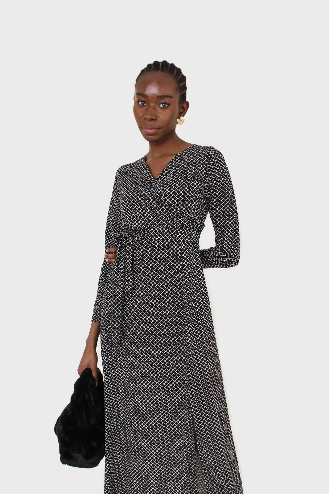 Black and white diamond jersey wrap dress