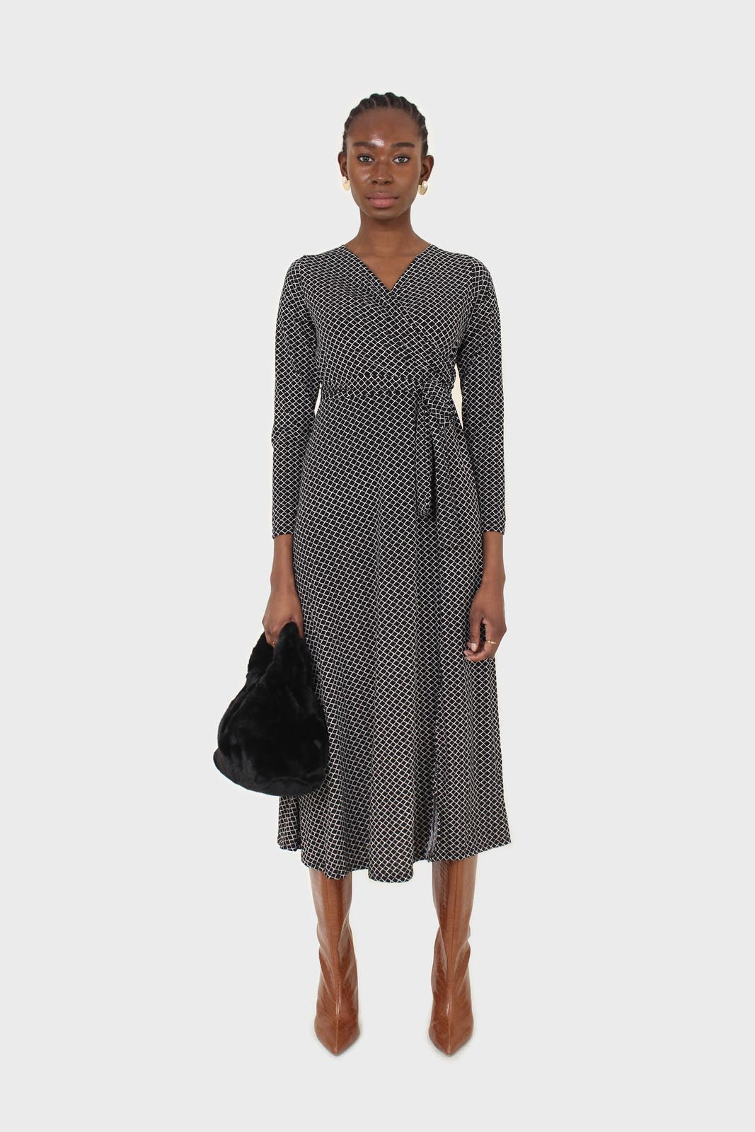 Black and white diamond jersey wrap dress