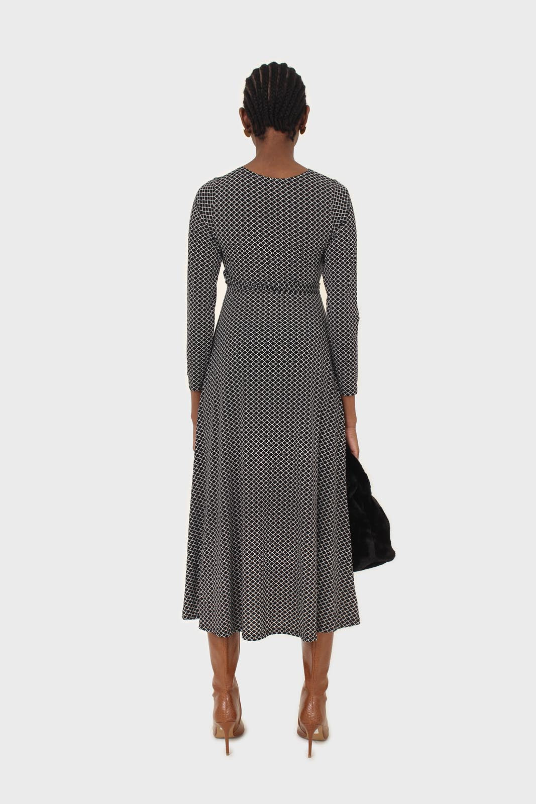 Black and white diamond jersey wrap dress