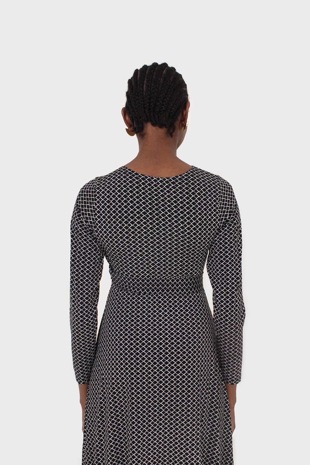 Black and white diamond jersey wrap dress