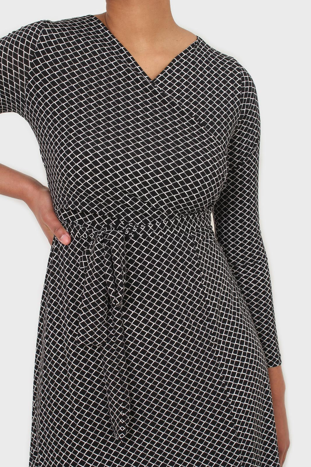 Black and white diamond jersey wrap dress