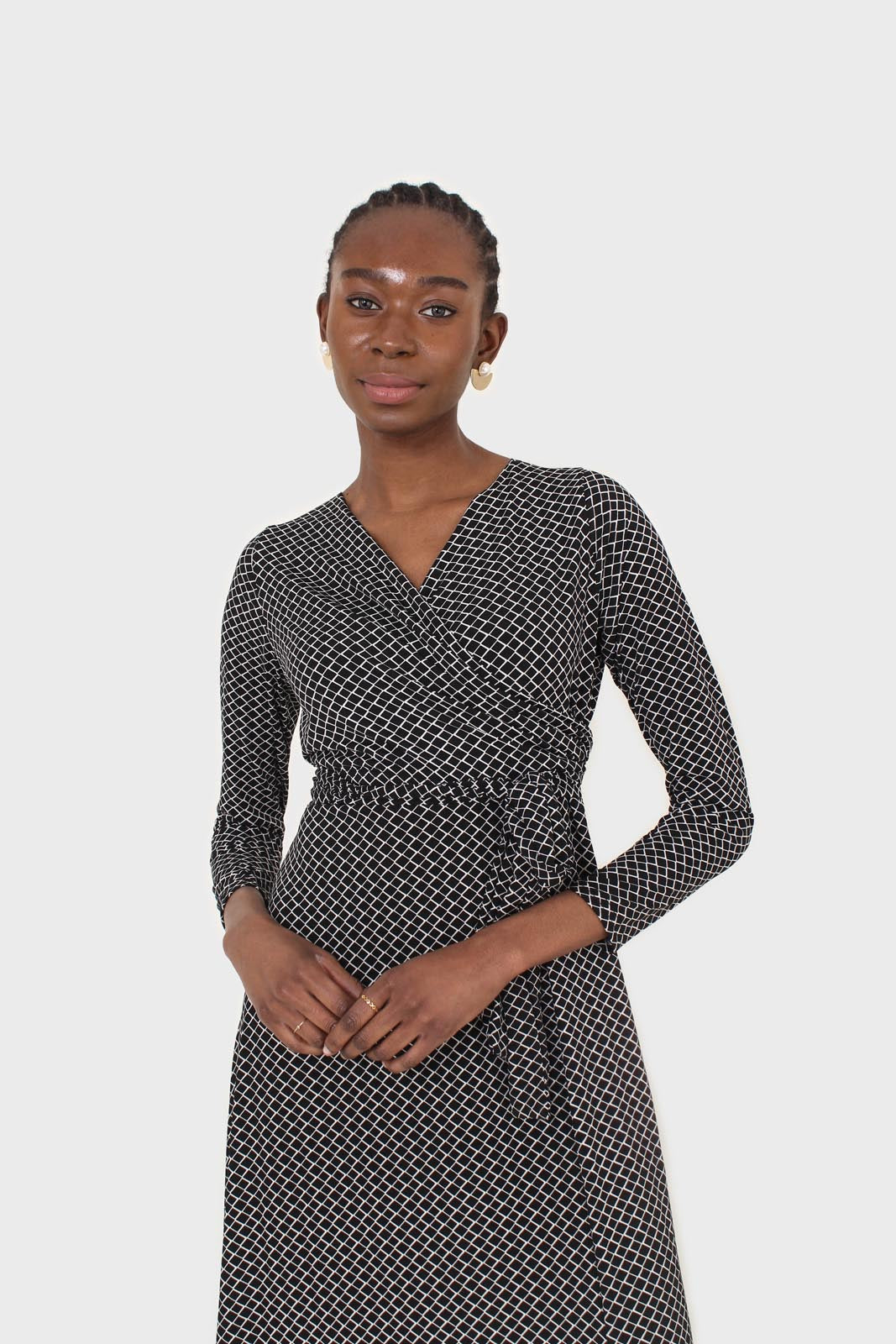 Black and white diamond jersey wrap dress