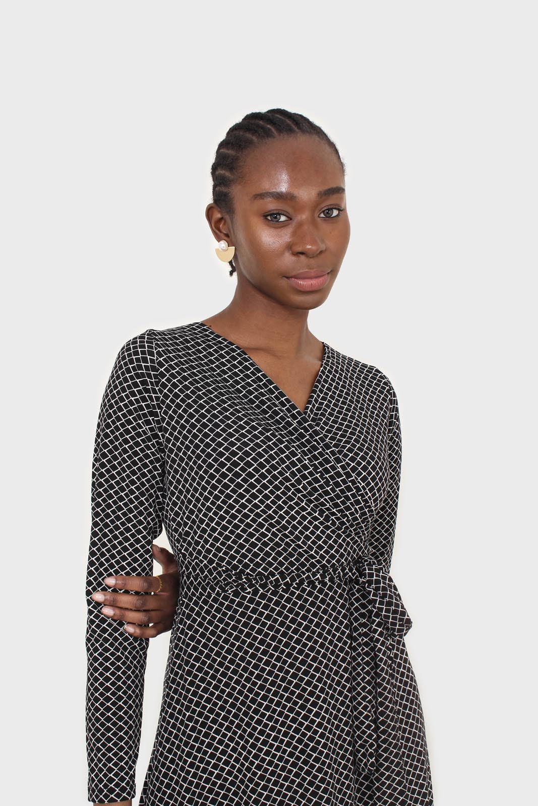 Black and white diamond jersey wrap dress