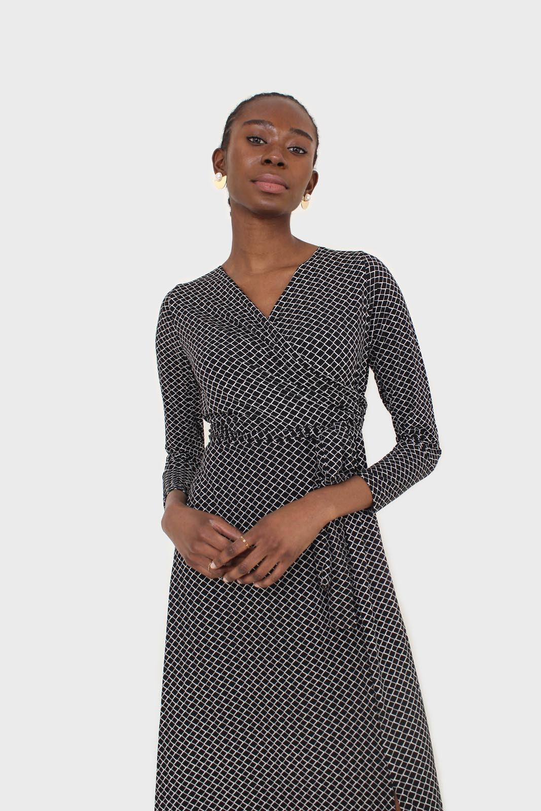 Black and white diamond jersey wrap dress