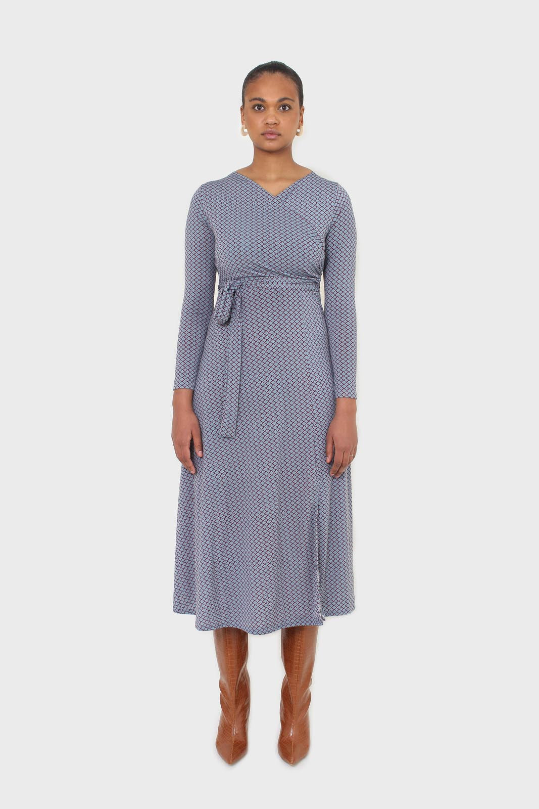 Blue and purple diamond jersey wrap dress