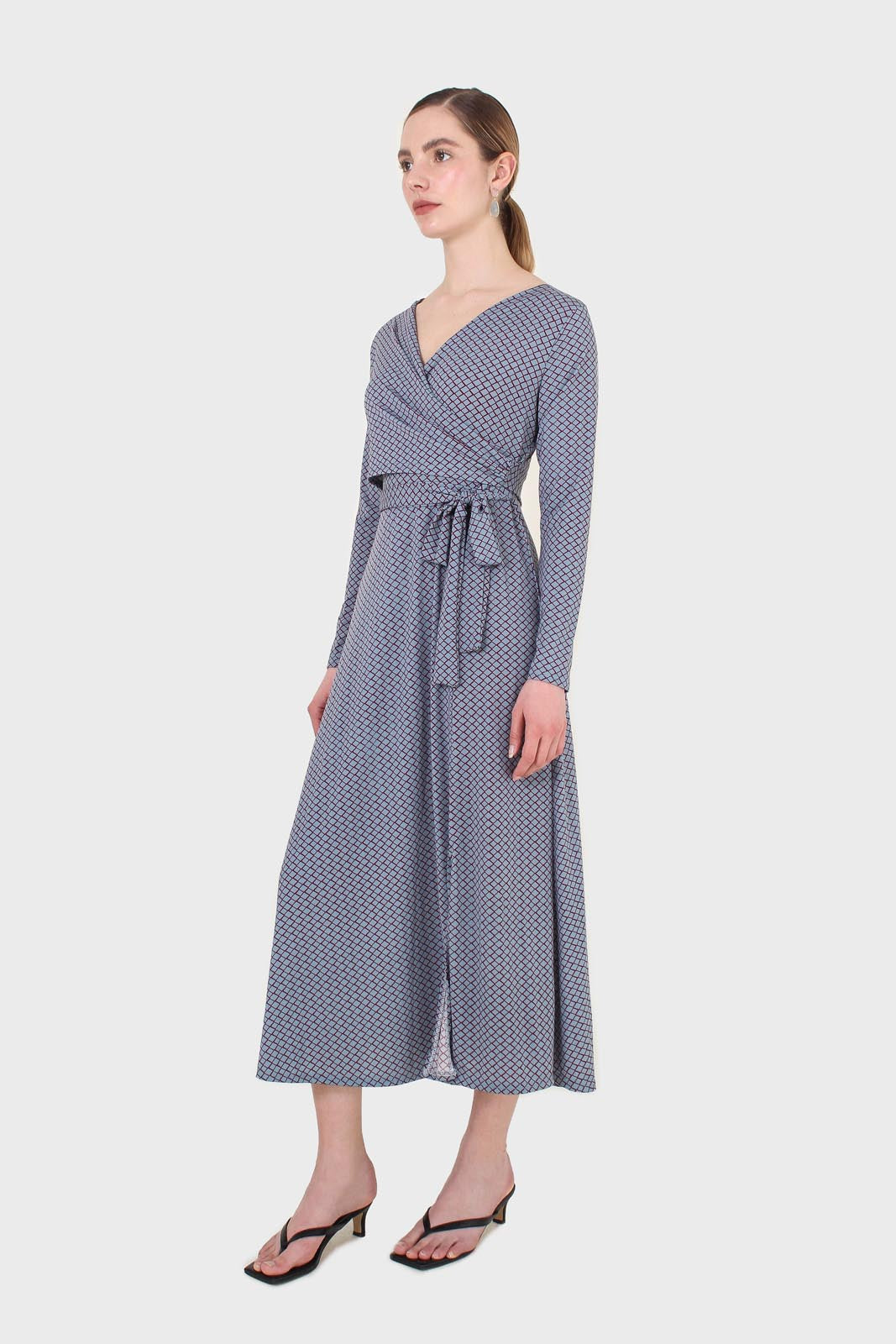 Blue and purple diamond jersey wrap dress