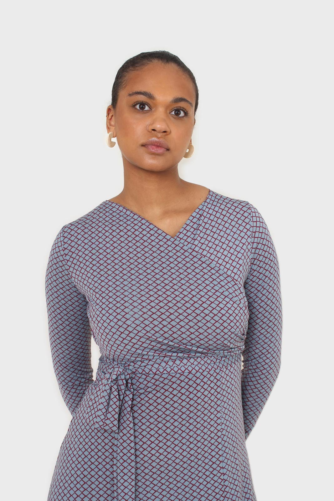 Blue and purple diamond jersey wrap dress