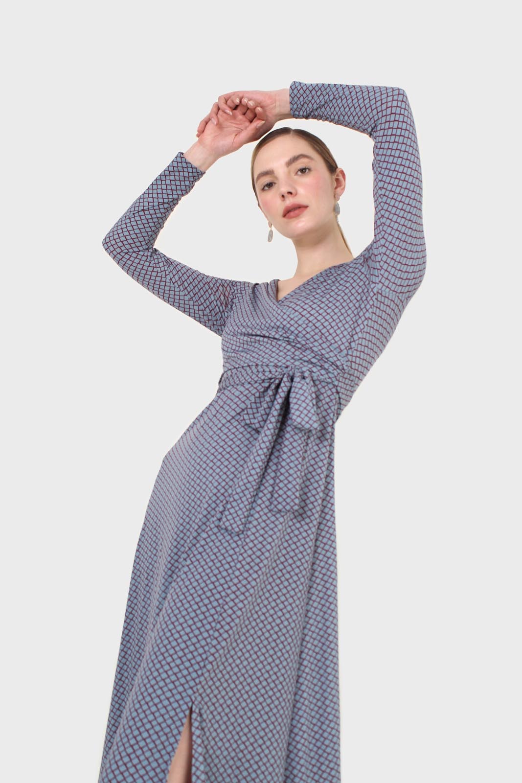Blue and purple diamond jersey wrap dress