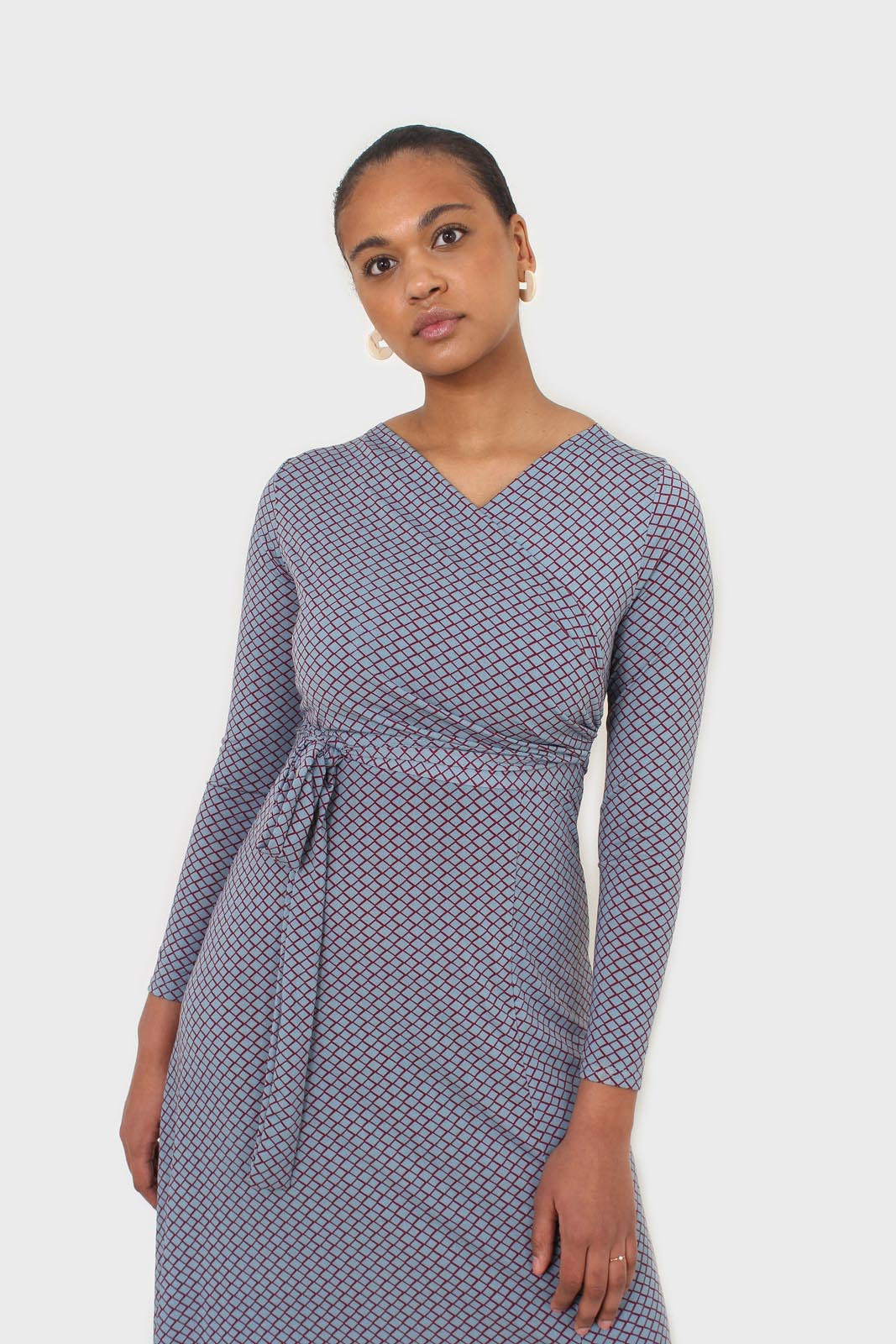 Blue and purple diamond jersey wrap dress