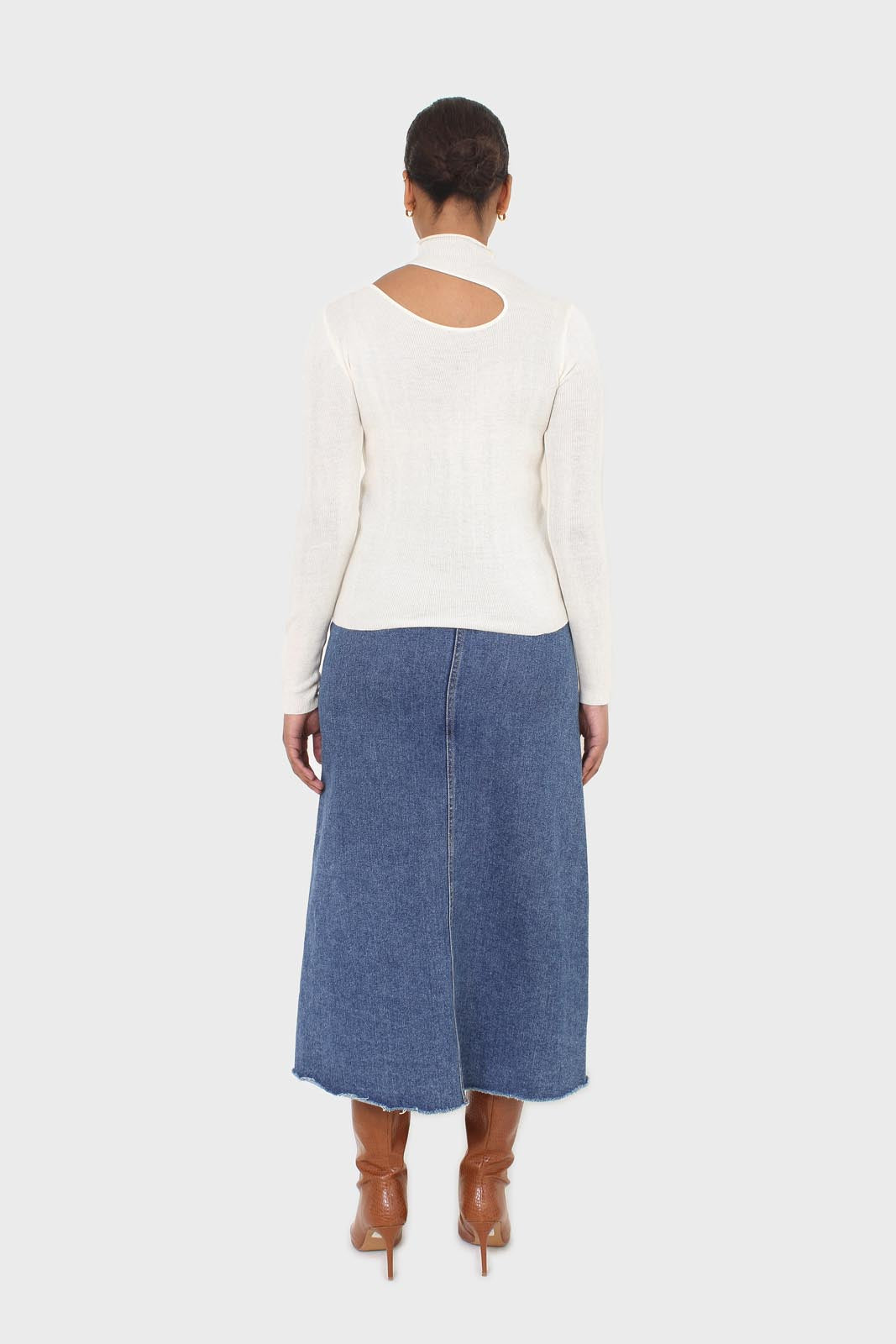 Ivory large cut out fitted knit turtleneck