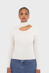 Ivory large cut out fitted knit turtleneck