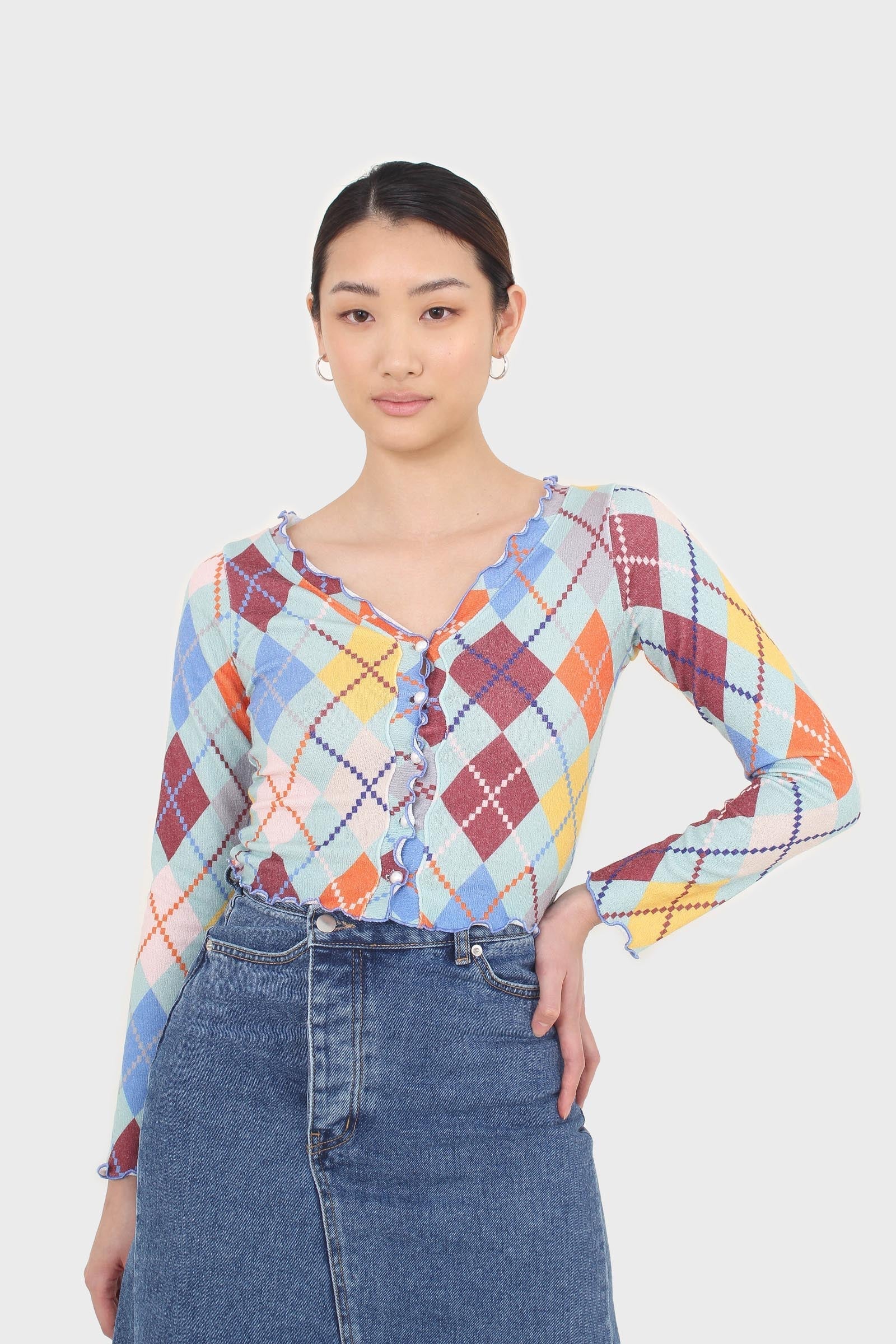 Mint multicoloured argyle button up top