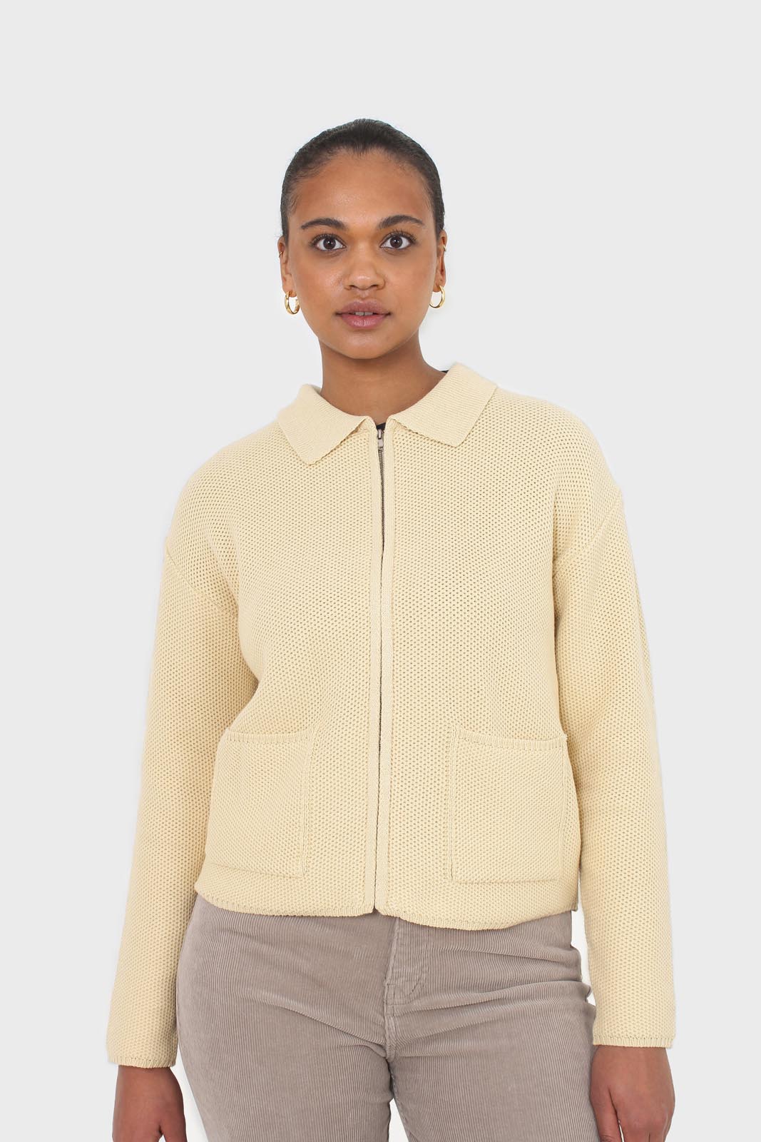 Pale yellow waffle zip up cardigan