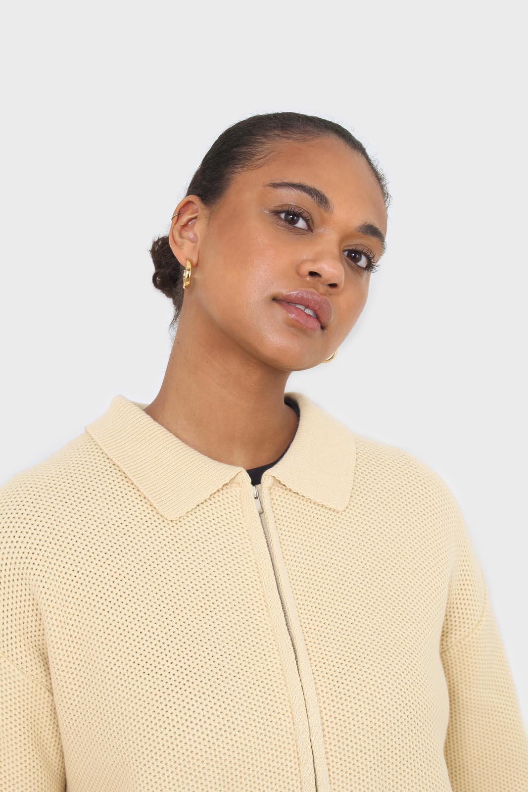 Pale yellow waffle zip up cardigan
