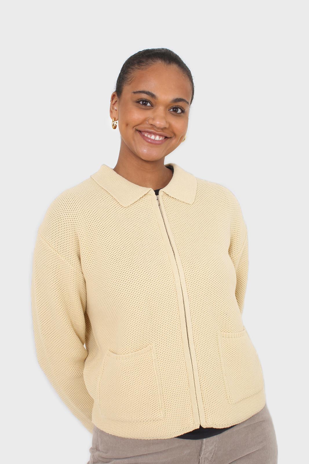 Pale yellow waffle zip up cardigan