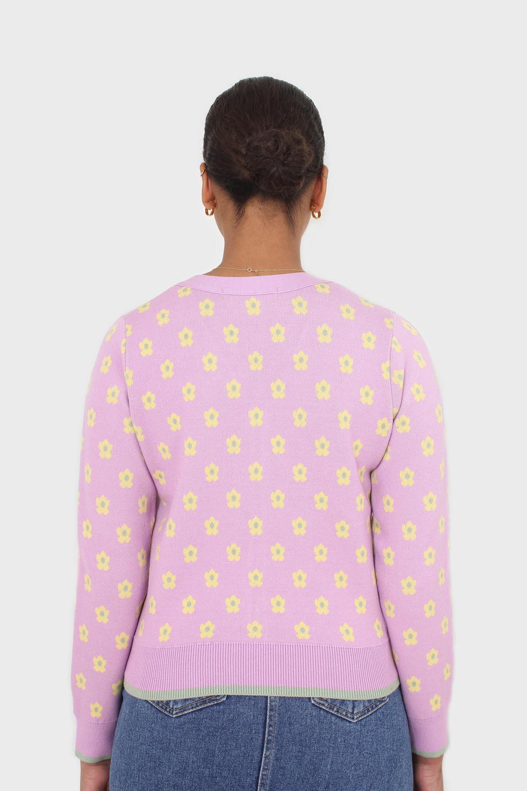 Lilac and yellow intarsia daisy cardigan