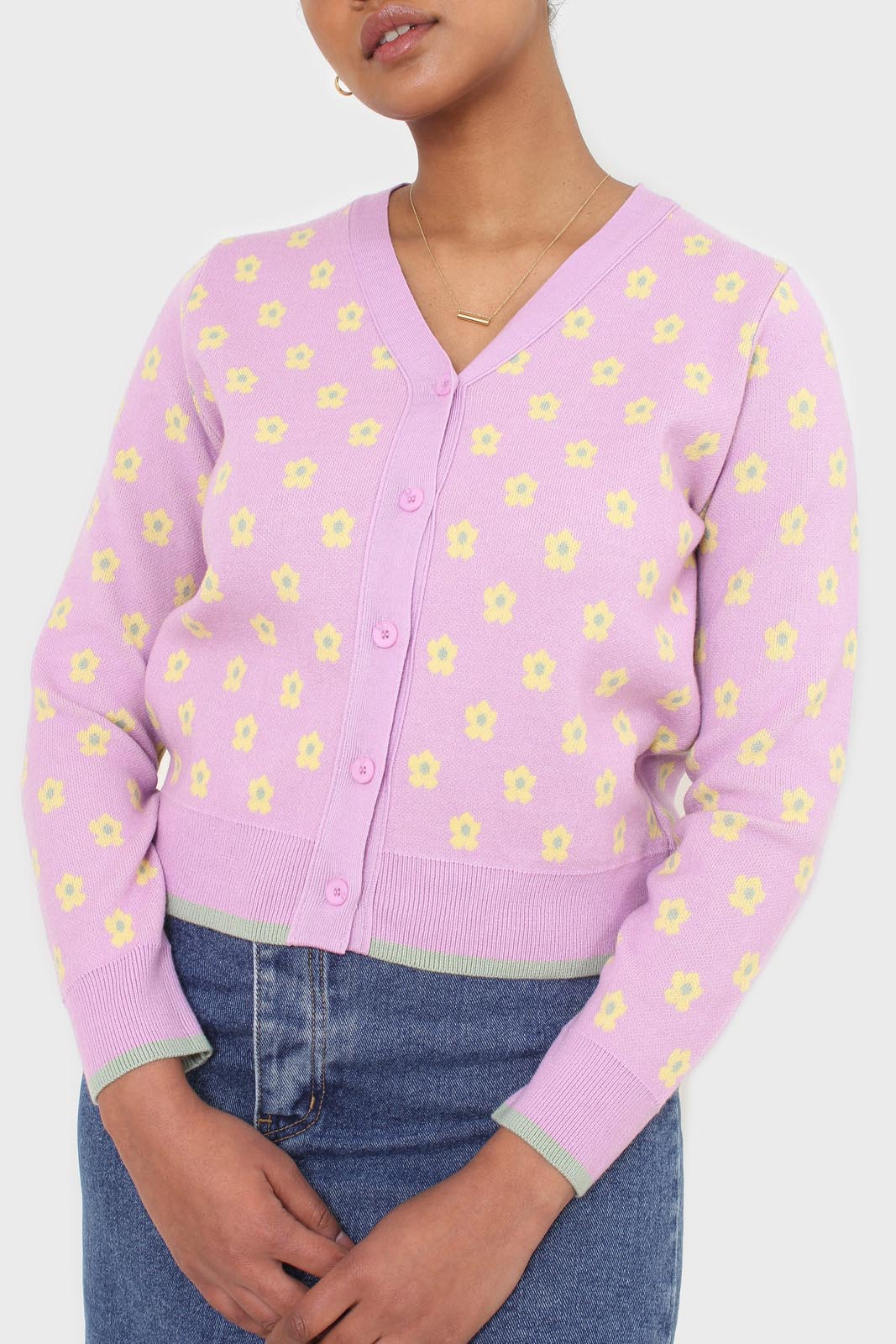 Lilac and yellow intarsia daisy cardigan