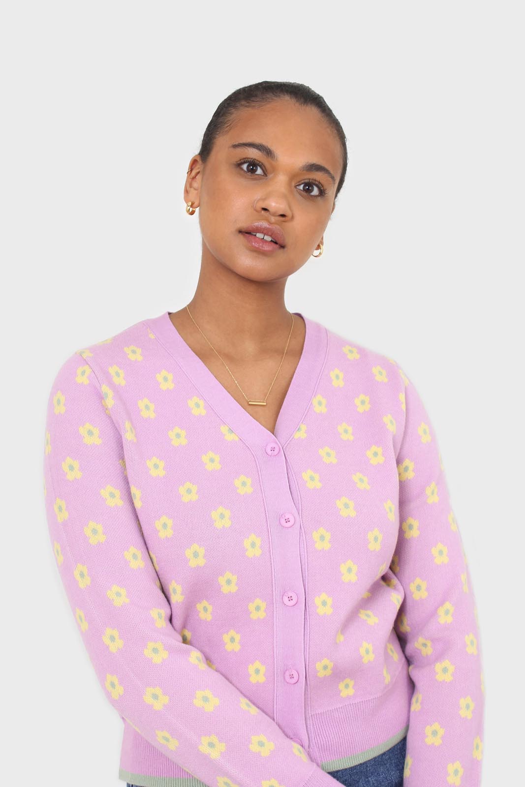 Lilac and yellow intarsia daisy cardigan
