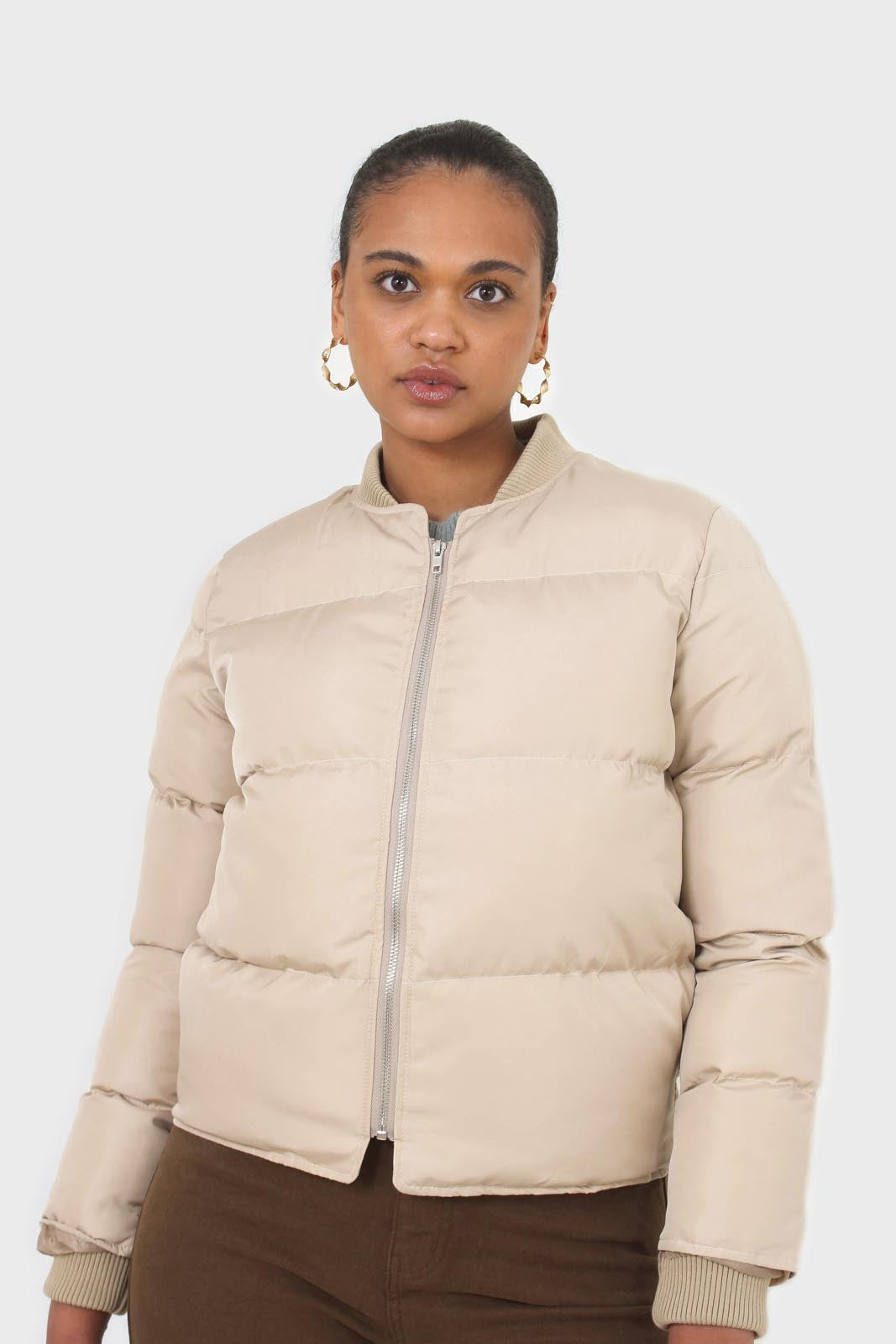 Beige round neck puffer jacket