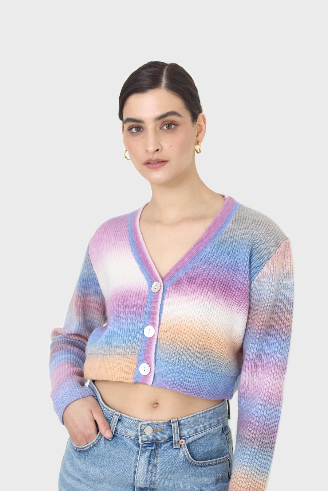 Purple thick striped cropped knit top