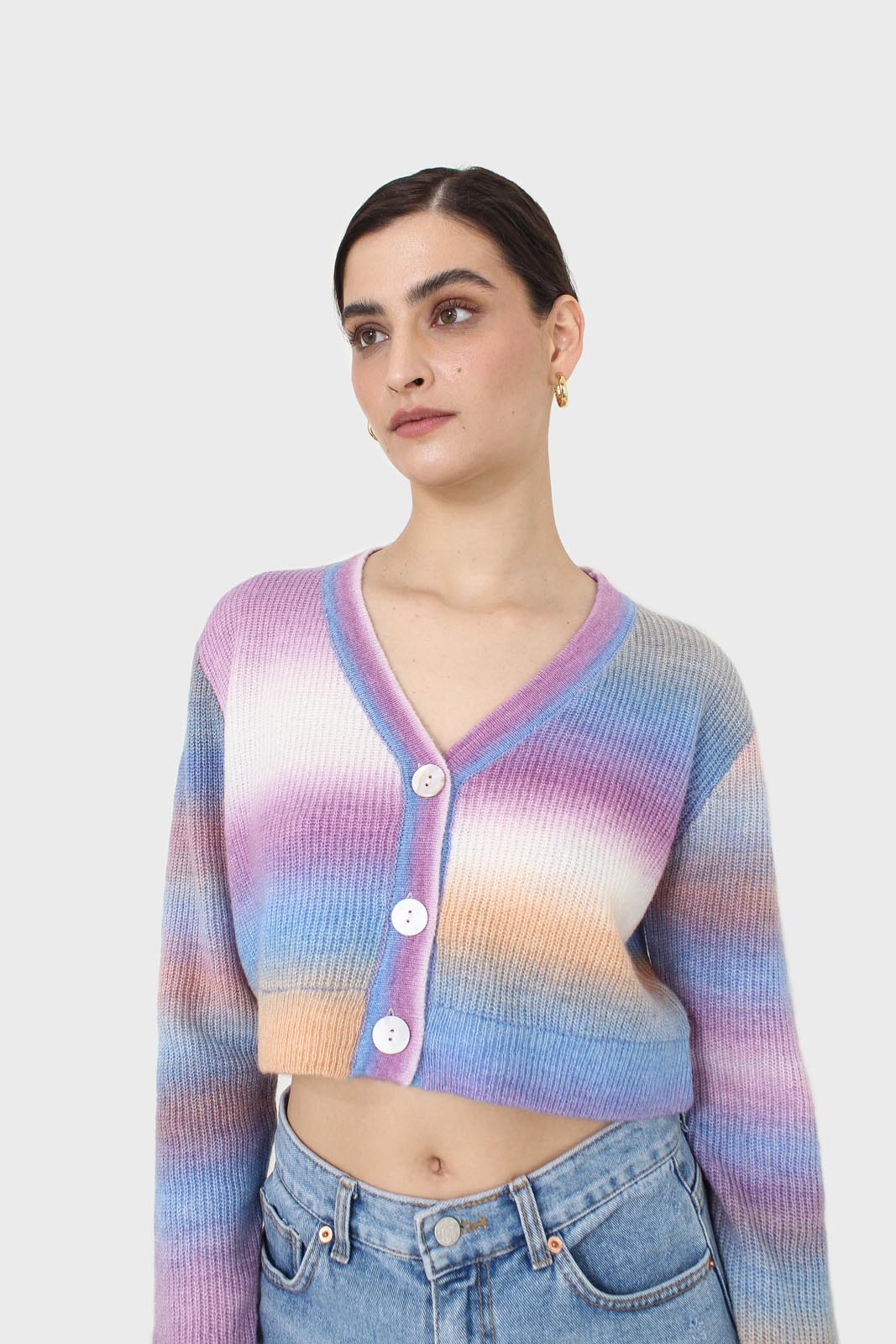 Purple thick striped cropped knit top