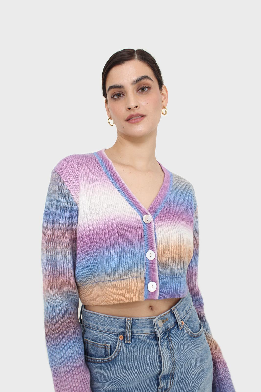 Purple thick striped cropped knit top