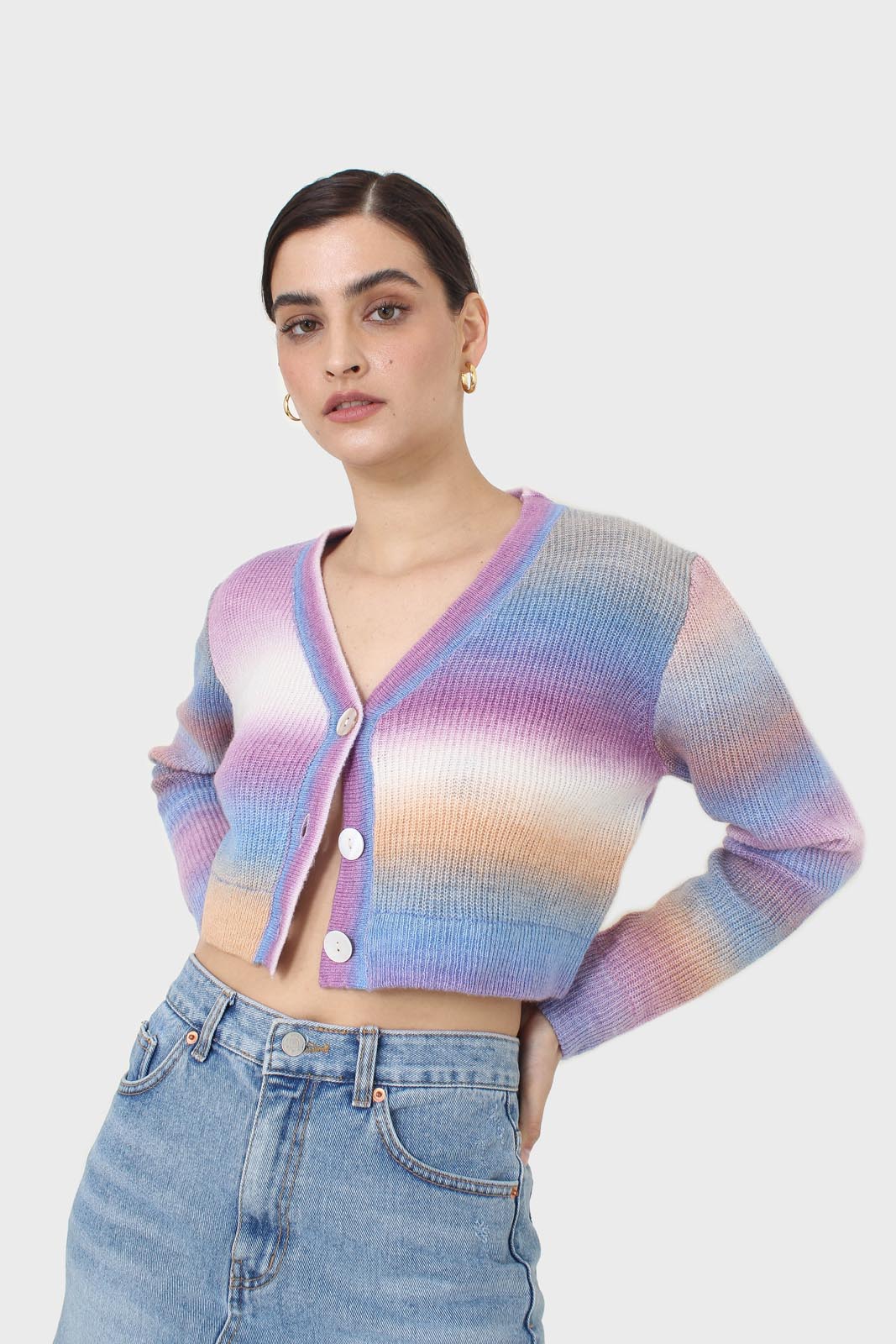 Purple thick striped cropped knit top