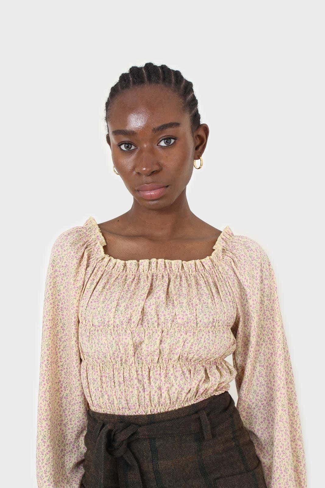 Yellow floral smocked crop blouse