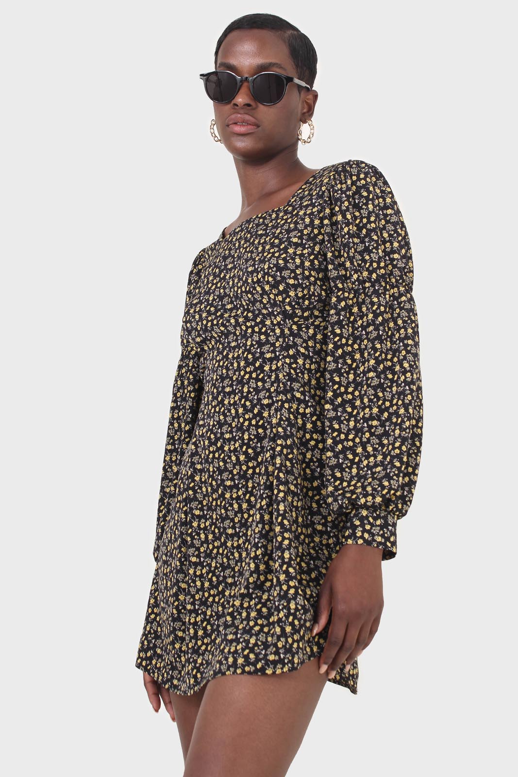 Black floral square neck dress