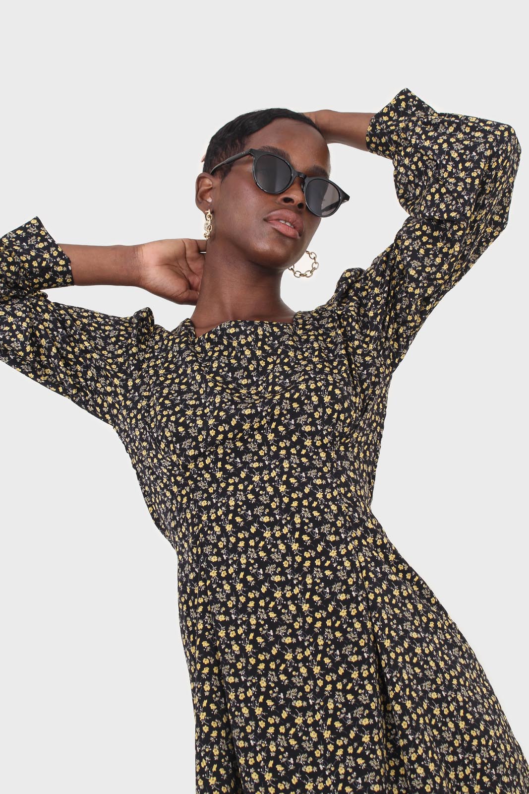 Black floral square neck dress