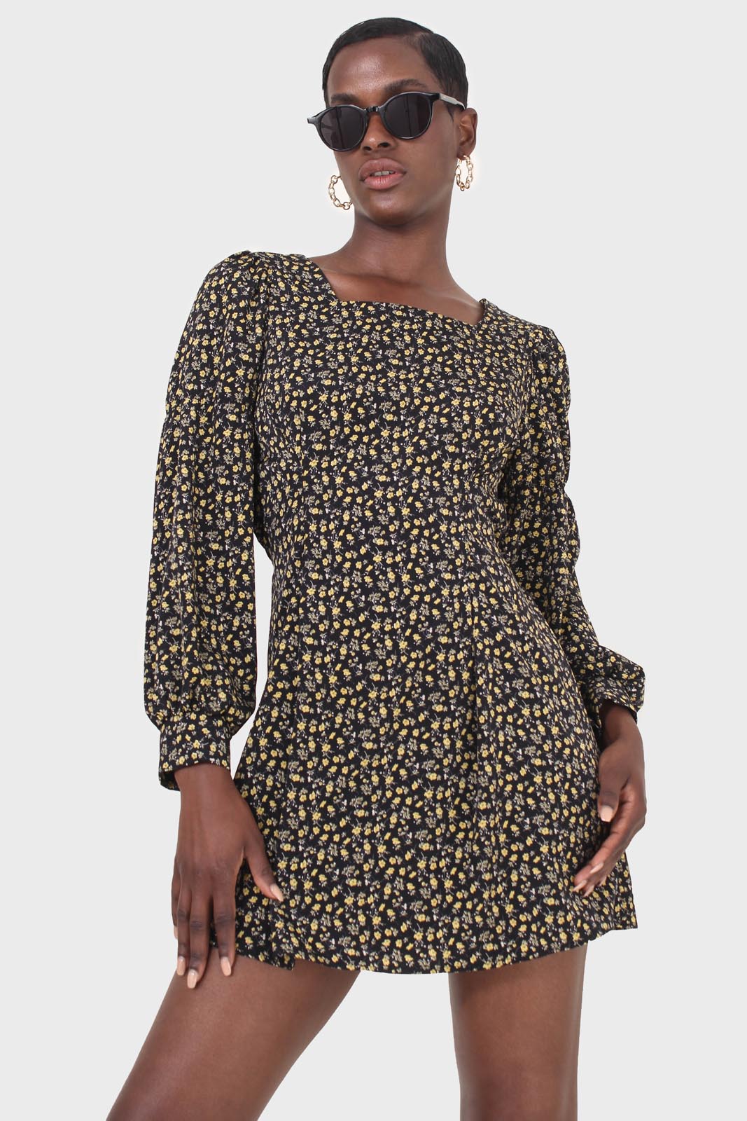 Black floral square neck dress