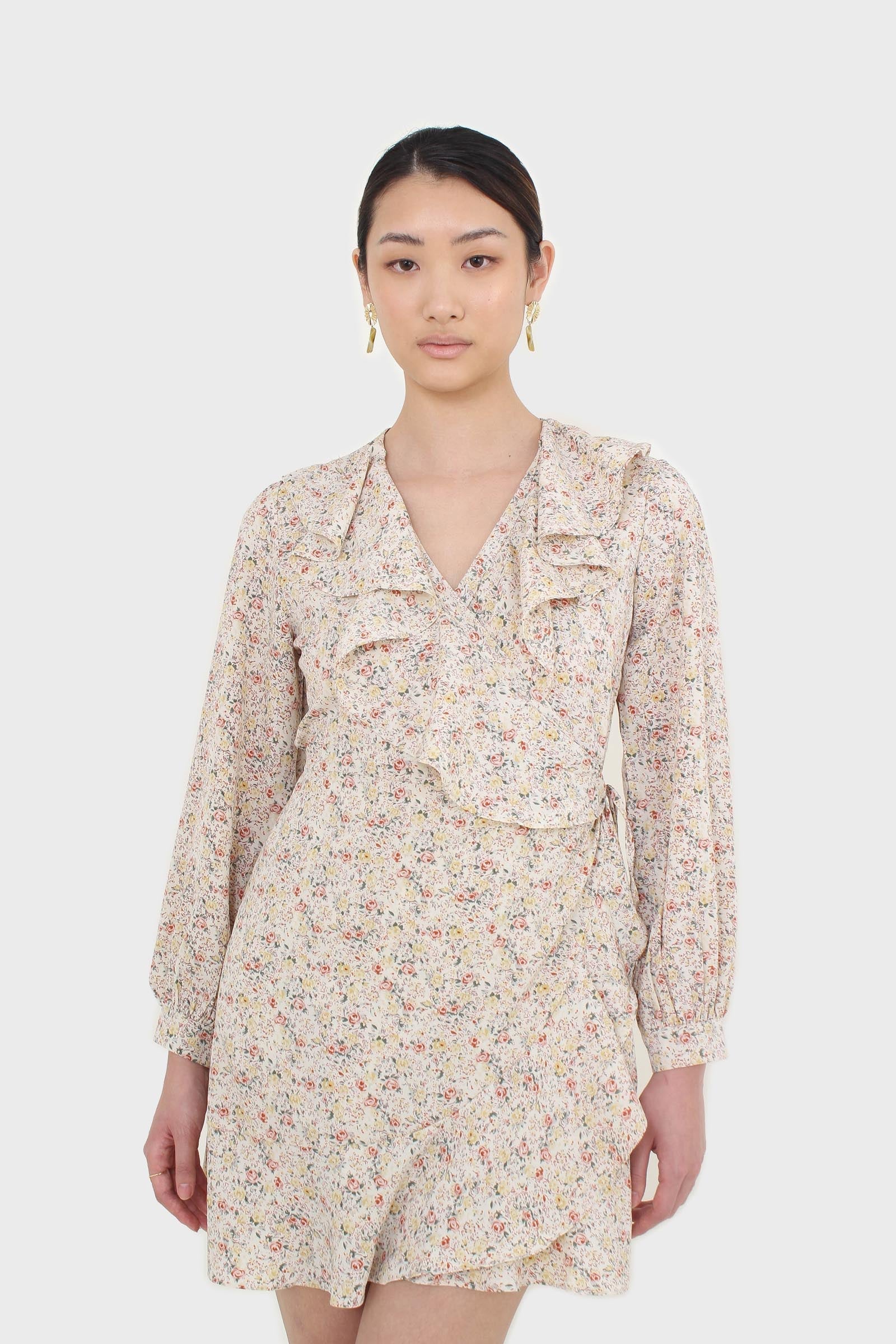 Ivory floral print ruffle trim wrap dress
