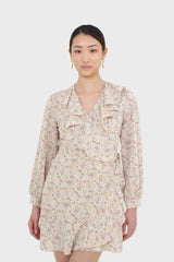 Ivory floral print ruffle trim wrap dress