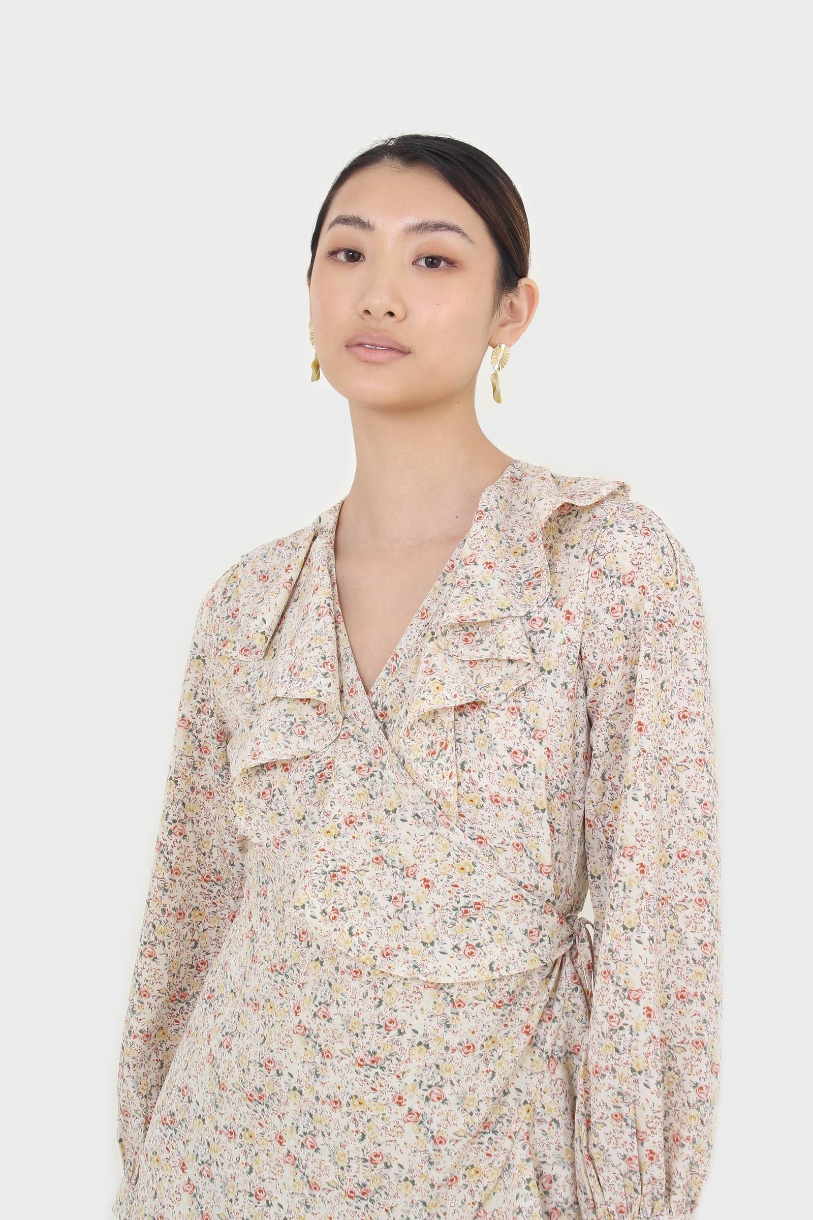 Ivory floral print ruffle trim wrap dress