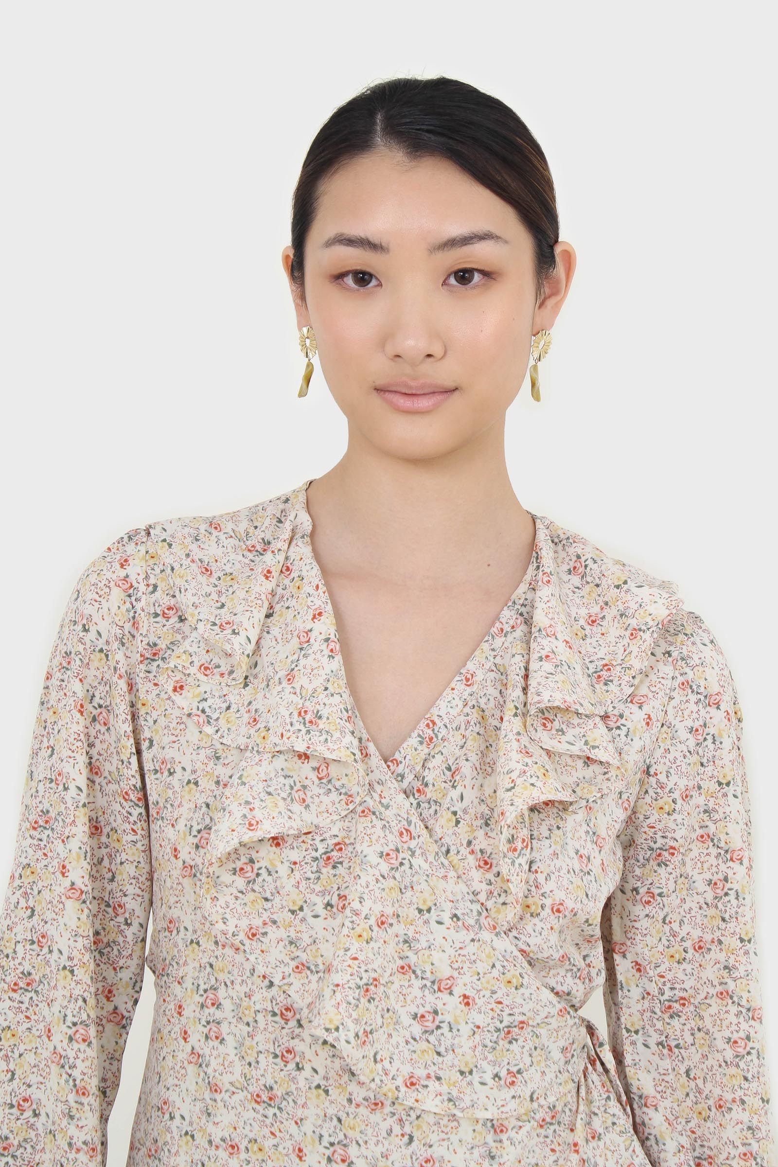 Ivory floral print ruffle trim wrap dress