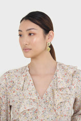 Ivory floral print ruffle trim wrap dress